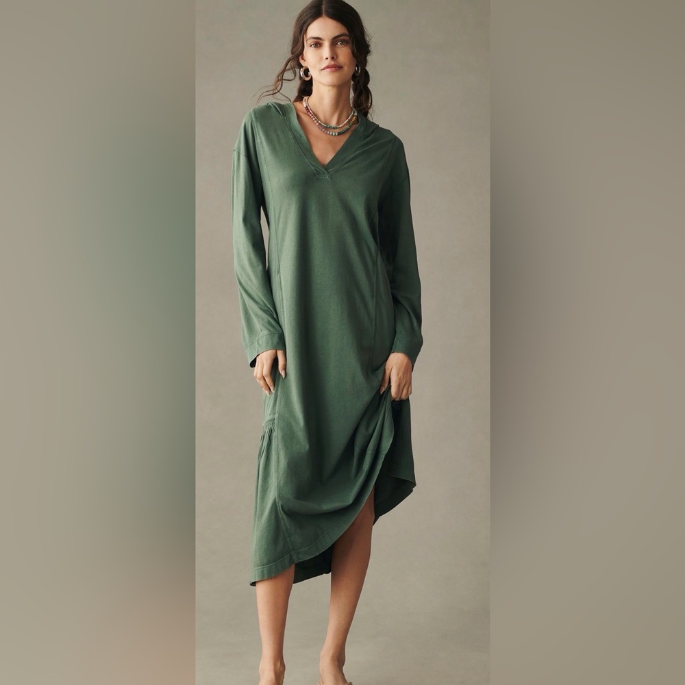 Anthropologie Daily Practice Midi Dress Long-Sleeve Green Hooded - Picture 3 of 8
